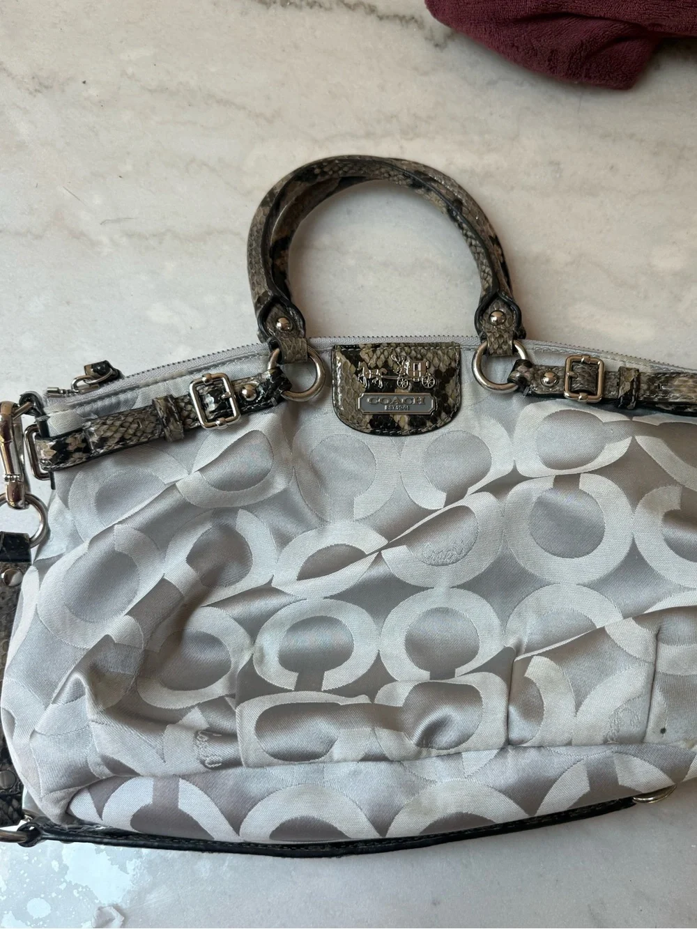 100% Authentic Coach Gray & Snake-Print Trim Satchel
